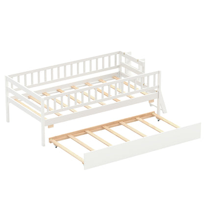 Kids Twin Size Bed with Trundle with Bookshelf and 2-Step Ladder 15 Plywood Slats for Girls and Boys-Gray