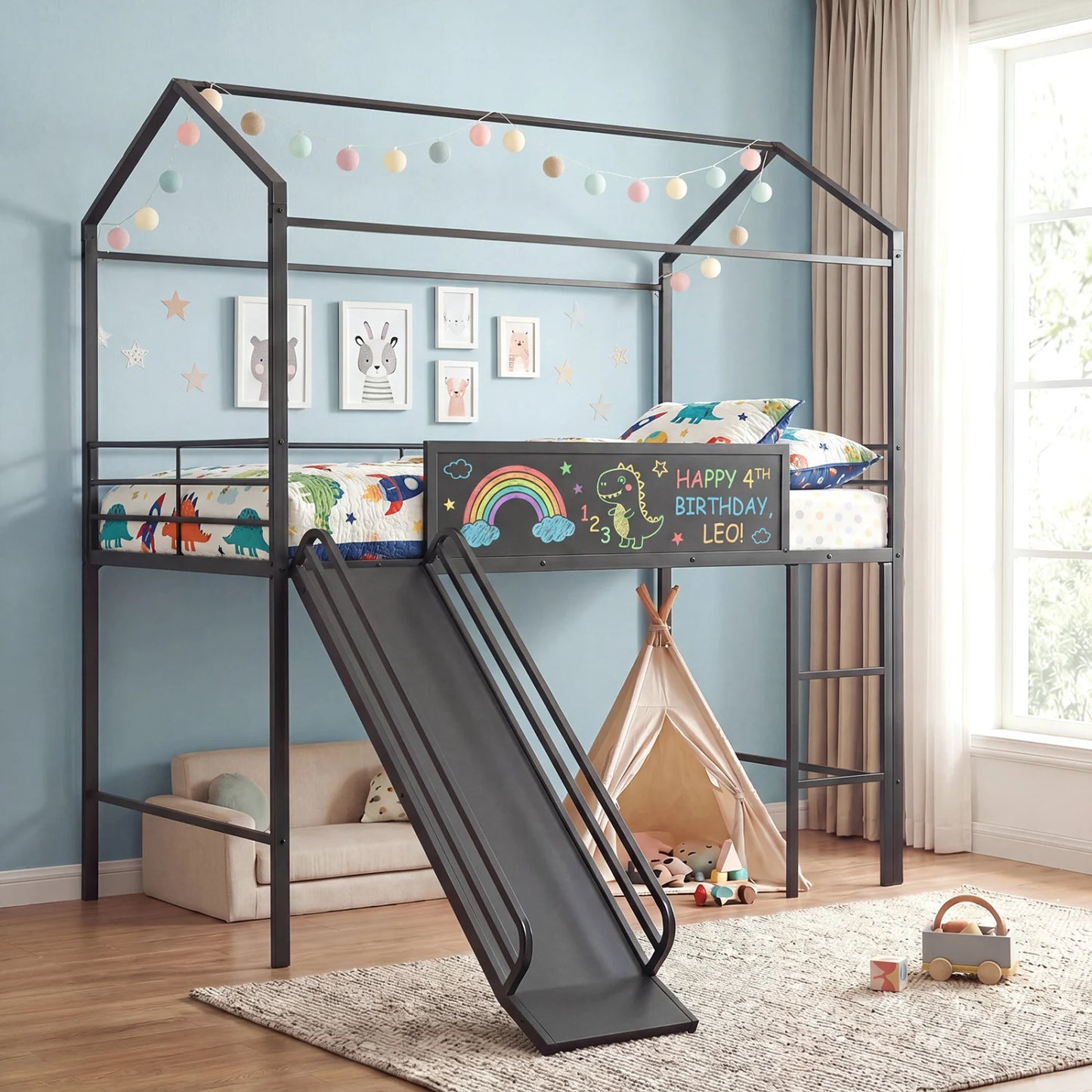 Kids Twin Size Loft Bed with Ladder and Slide for Bedroom-Black