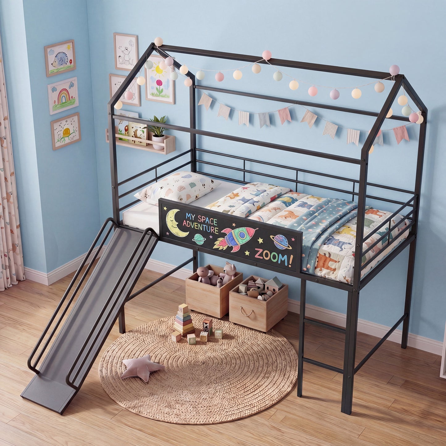Kids Twin Size Loft Bed with Ladder and Slide for Bedroom-Black