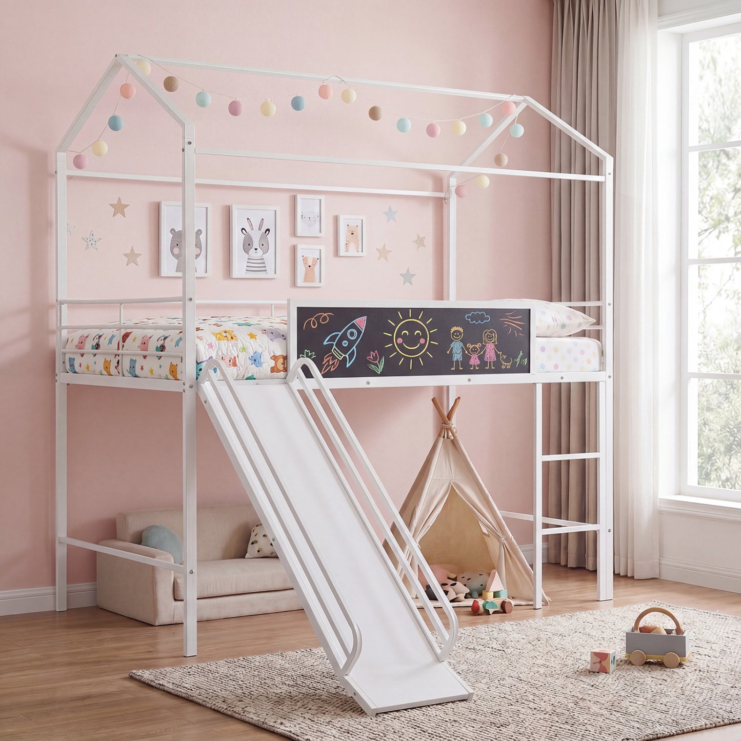 Kids Twin Size Loft Bed with Ladder and Slide for Bedroom-Black