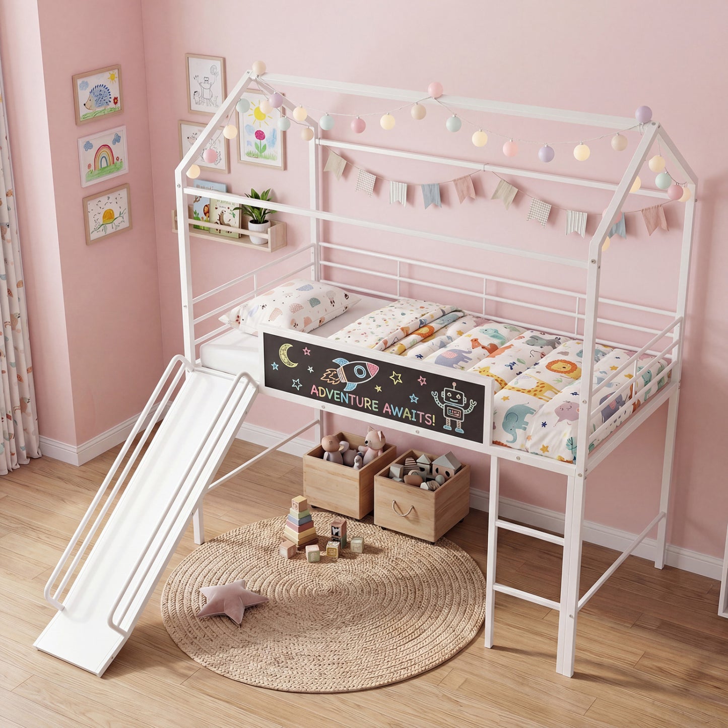 Kids Twin Size Loft Bed with Ladder and Slide for Bedroom-Black