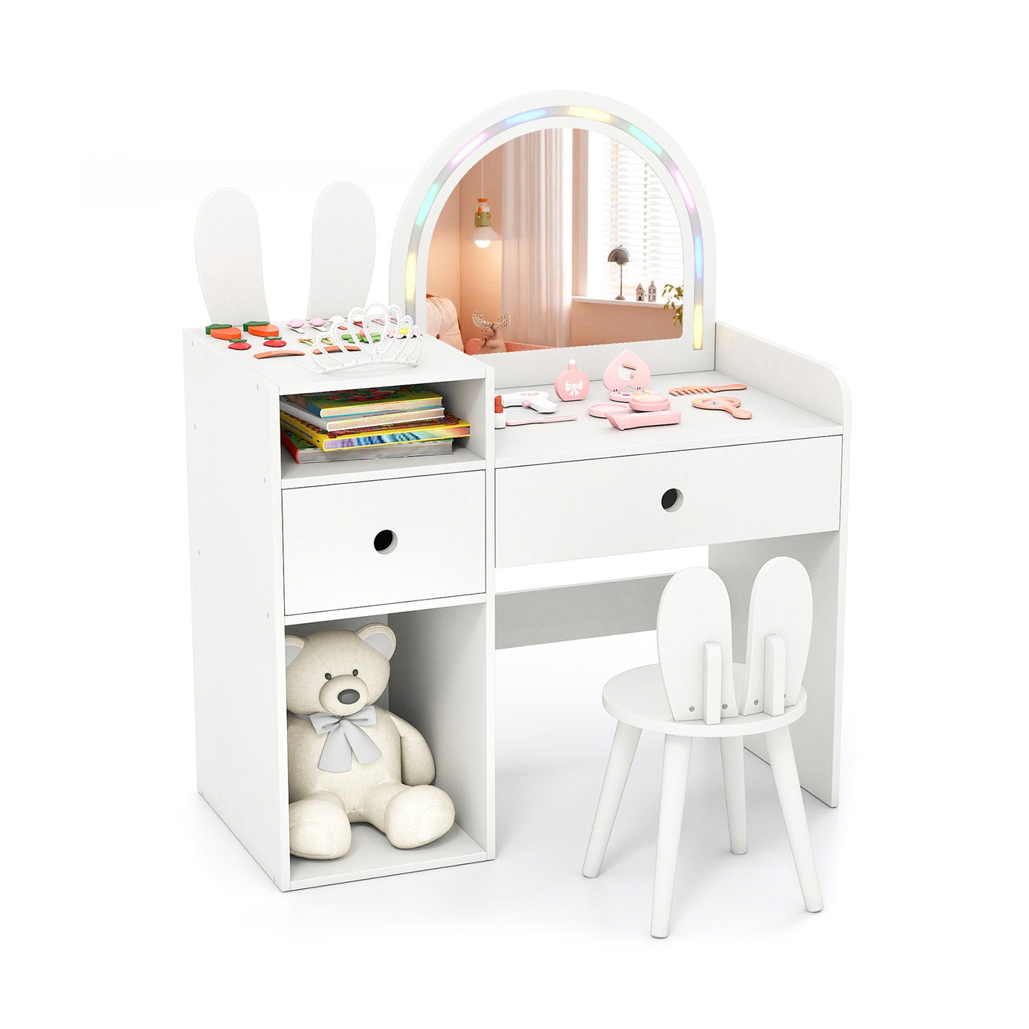 Kids Vanity Desk and Chair Set with Lights  Open Shelves-Pink