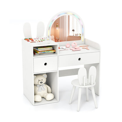 Kids Vanity Desk and Chair Set with Lights  Open Shelves-Pink