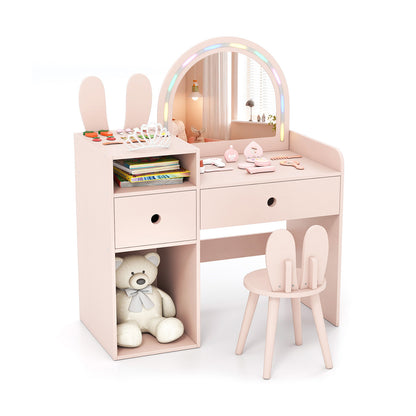 Kids Vanity Desk and Chair Set with Lights  Open Shelves-Pink
