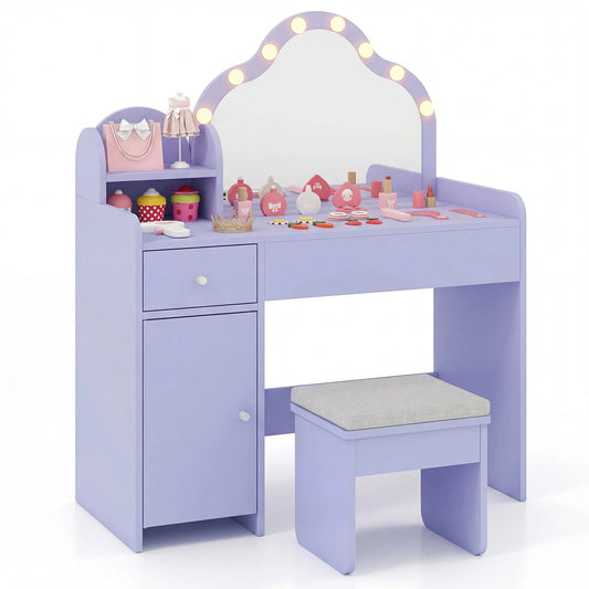 Kids Vanity Desk with Mirror and Lights Princess Pretend Play Dressing Table-Purple