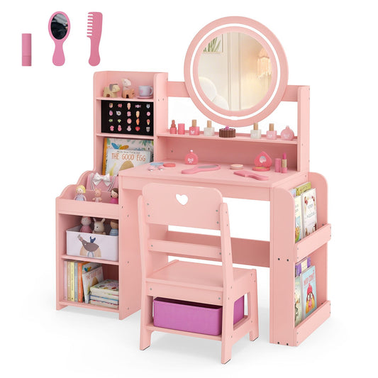 Kids Vanity Desk with Mirror Side Bookshelf and Ring Slots-Pink