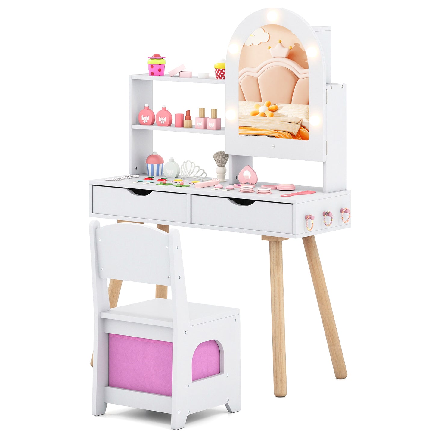 Kids Vanity Set Pretend Play Dressing Table Set with 3-Color Lighting Modes Adjustable Brightness and Mirror Cabinet-Pink
