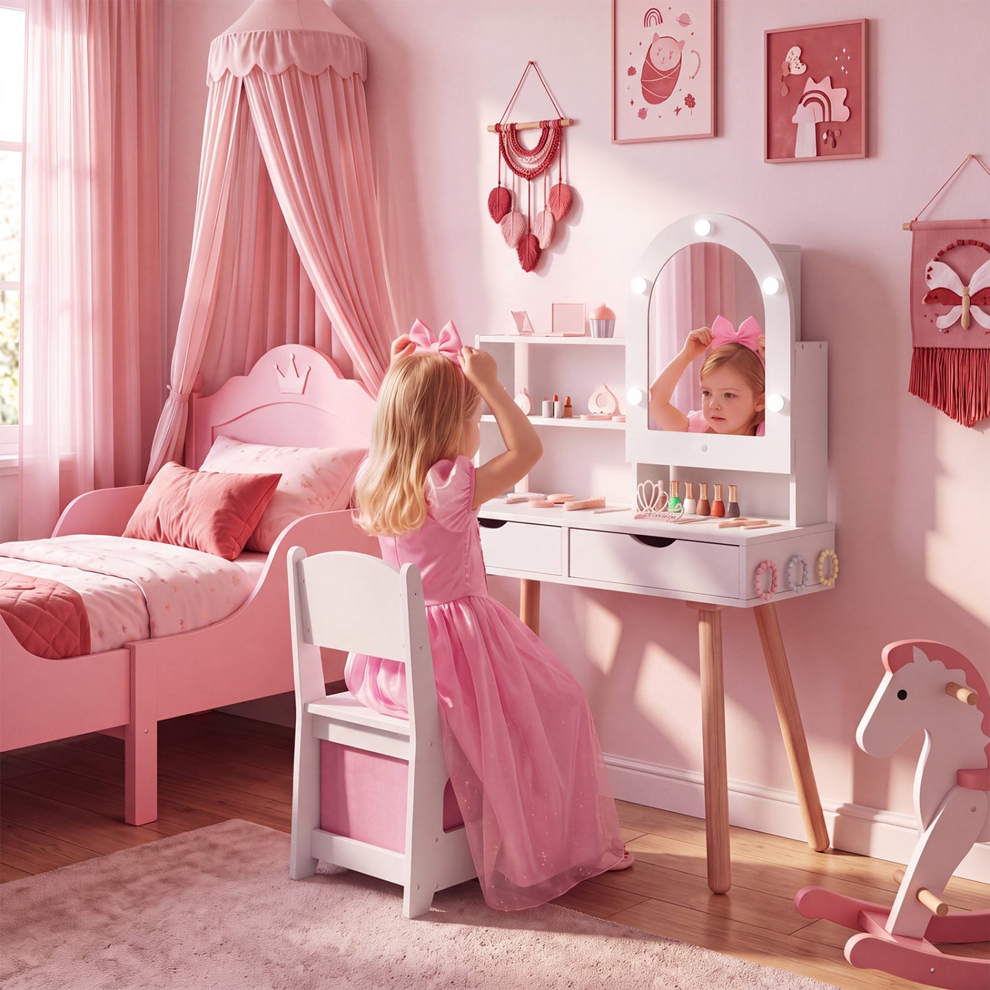 Kids Vanity Set Pretend Play Dressing Table Set with 3-Color Lighting Modes and Mirror Cabinet-Pink
