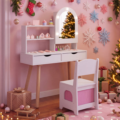 Kids Vanity Set Pretend Play Dressing Table Set with 3-Color Lighting Modes and Mirror Cabinet-Pink
