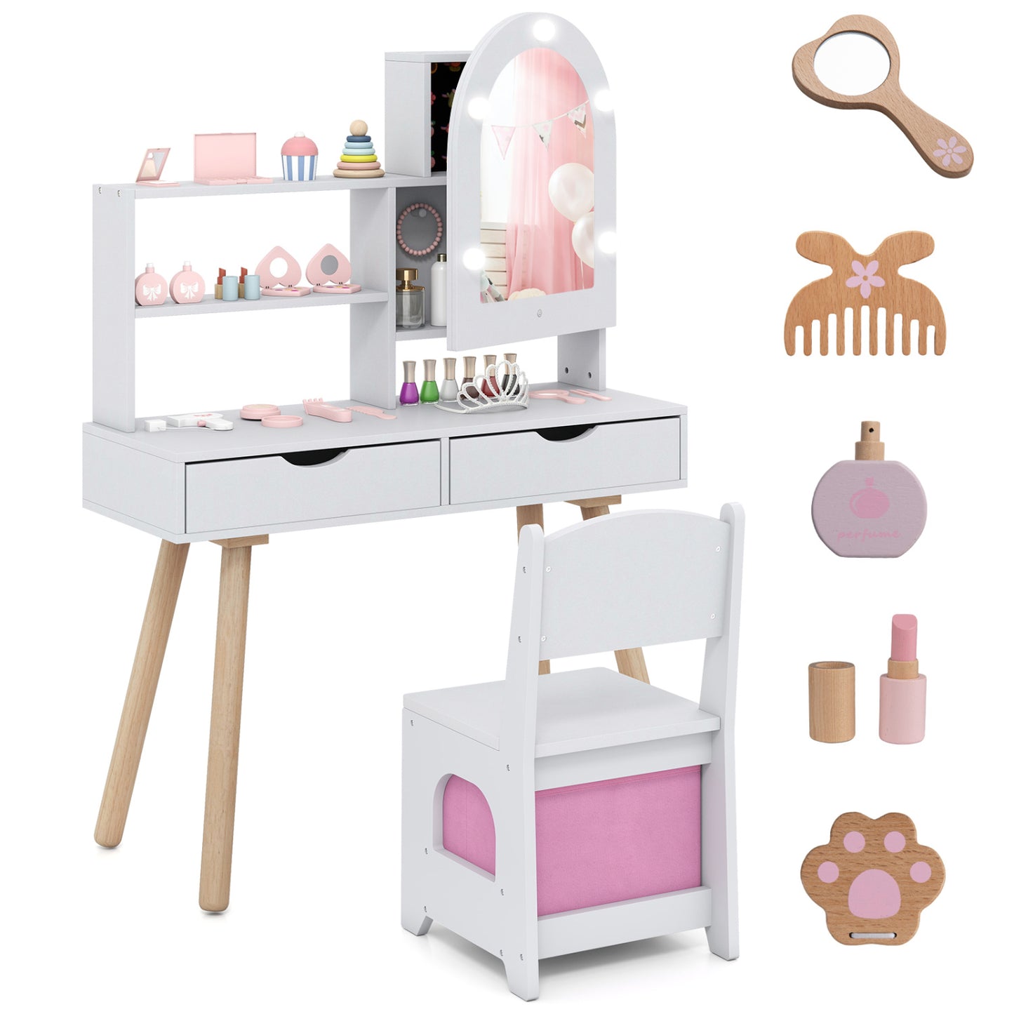 Kids Vanity Set Pretend Play Dressing Table Set with 3-Color Lighting Modes and Mirror Cabinet-Pink