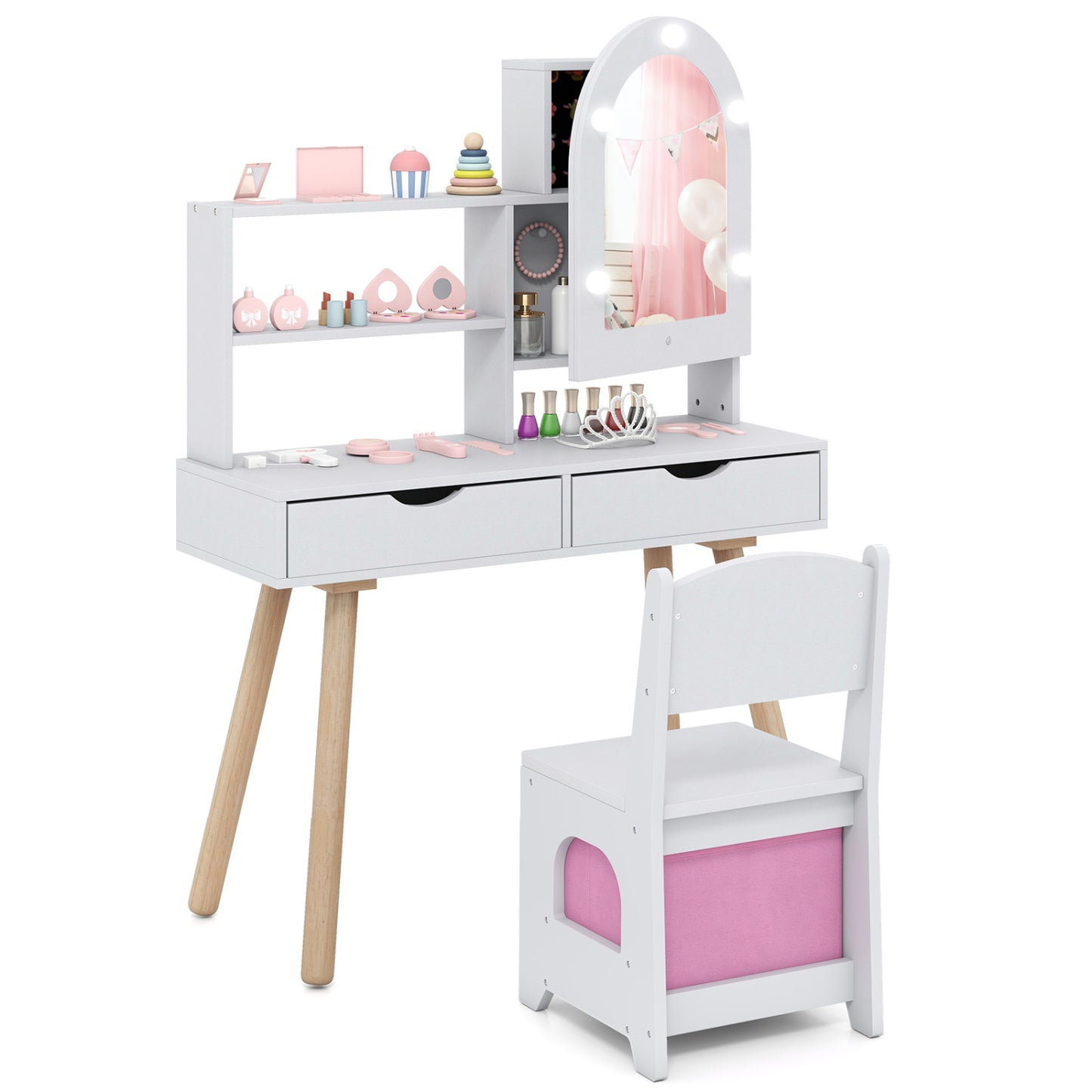 Kids Vanity Set Pretend Play Dressing Table Set with 3-Color Lighting Modes and Mirror Cabinet-Pink