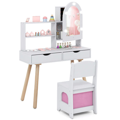 Kids Vanity Set Pretend Play Dressing Table Set with 3-Color Lighting Modes and Mirror Cabinet-Pink