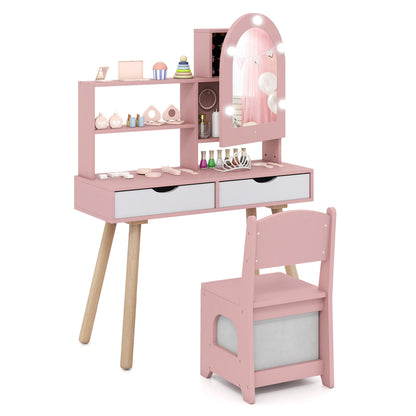 Kids Vanity Set Pretend Play Dressing Table Set with 3-Color Lighting Modes and Mirror Cabinet-Pink