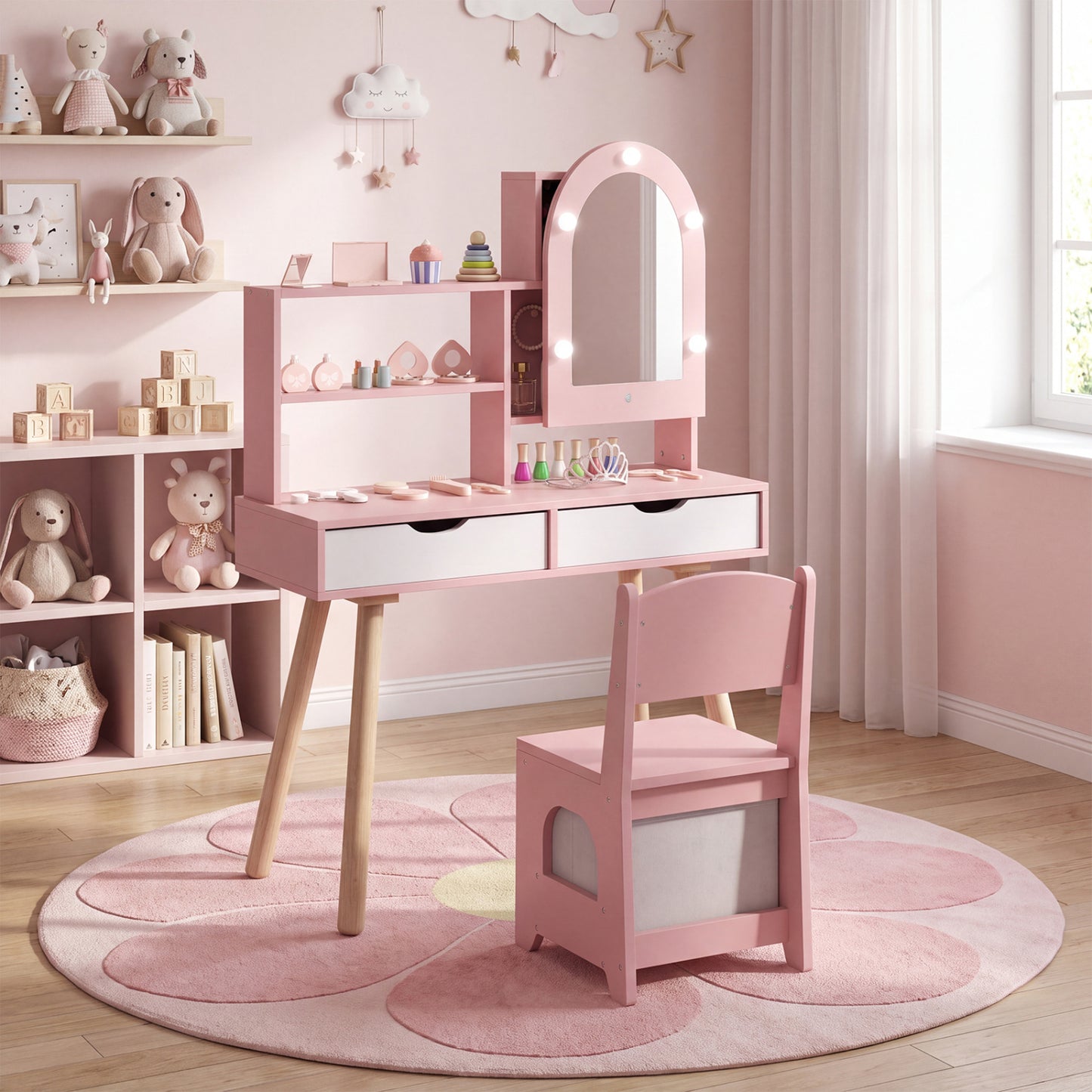 Kids Vanity Set Pretend Play Dressing Table Set with 3-Color Lighting Modes and Mirror Cabinet-Pink
