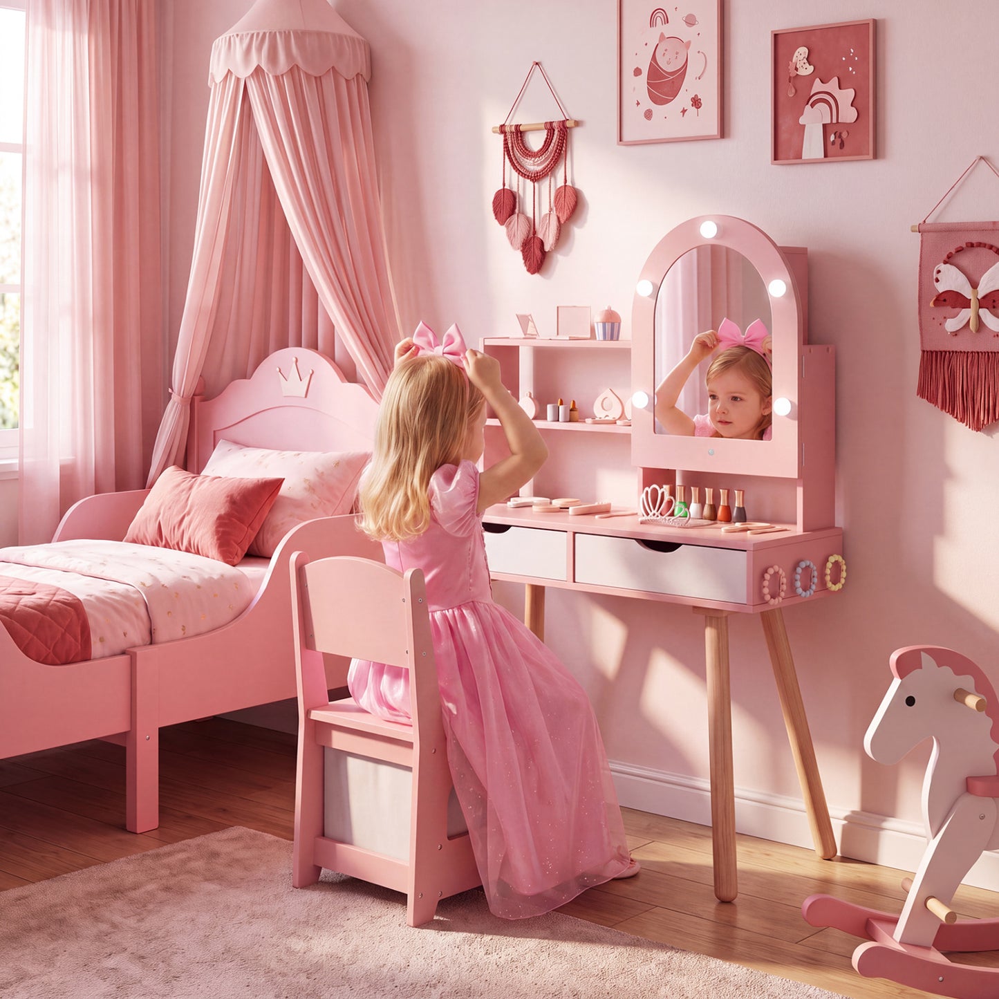 Kids Vanity Set Pretend Play Dressing Table Set with 3-Color Lighting Modes and Mirror Cabinet-Pink