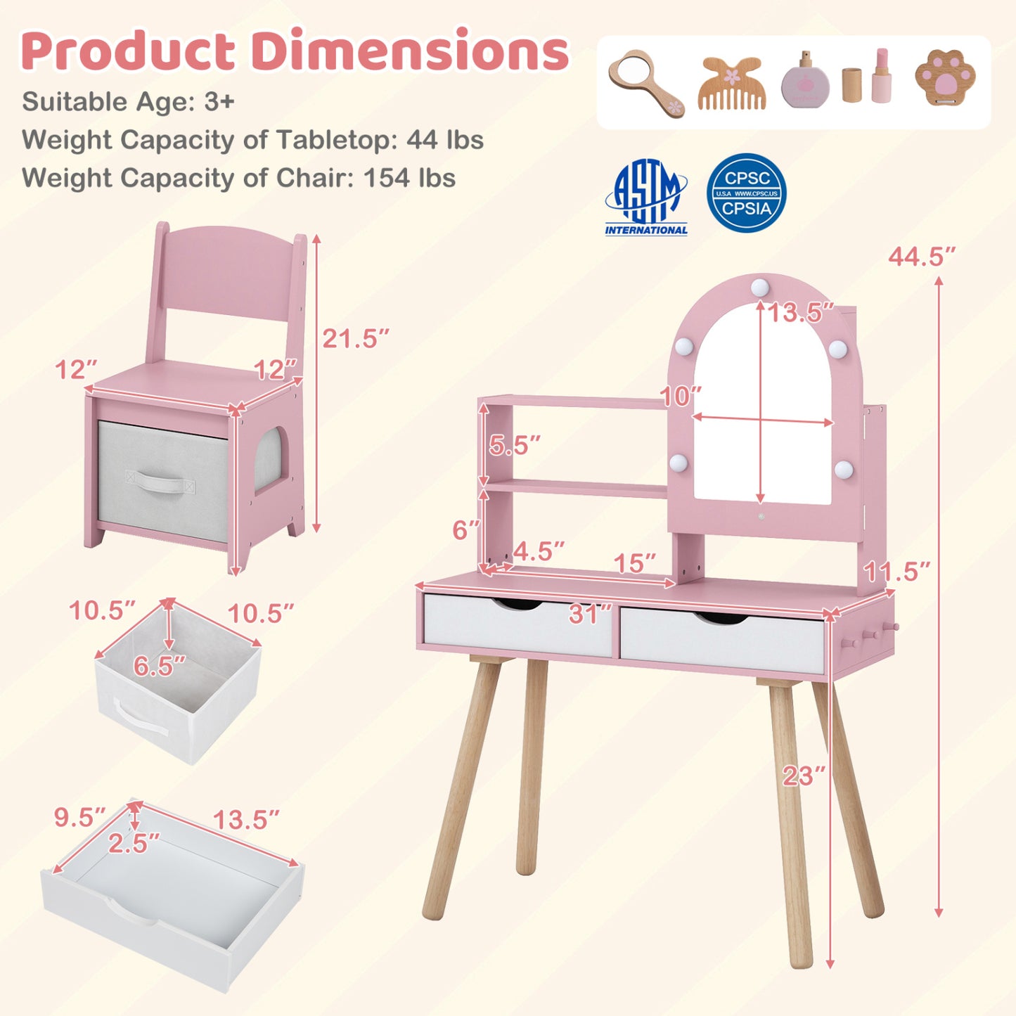 Kids Vanity Set Pretend Play Dressing Table Set with 3-Color Lighting Modes and Mirror Cabinet-Pink