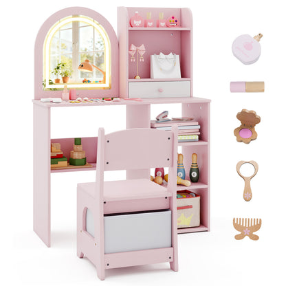Kids Vanity Set Princess Girls Makeup Vanity Desk with Chair and 3-Color LED Lighted Mirror-Pink
