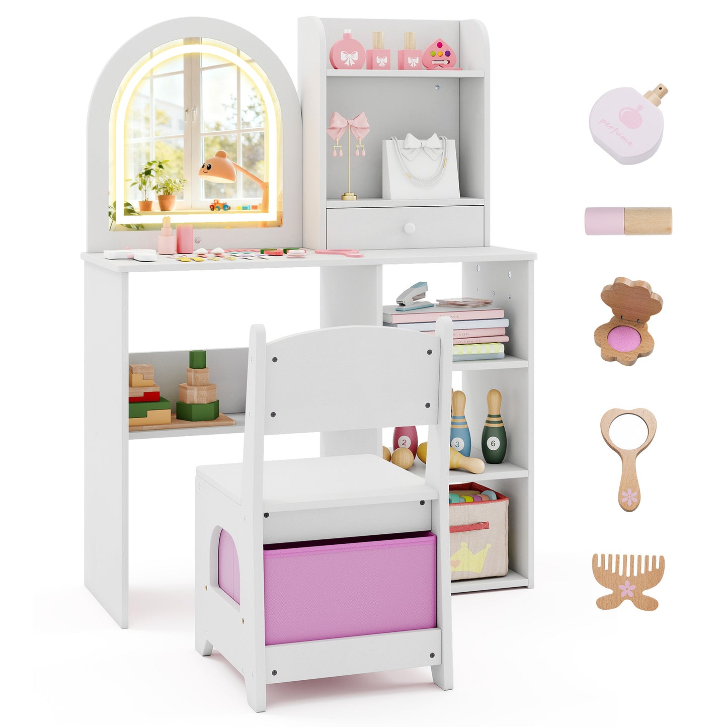 Kids Vanity Set Princess Girls Makeup Vanity Desk with Chair and 3-Color LED Lighted Mirror-Pink