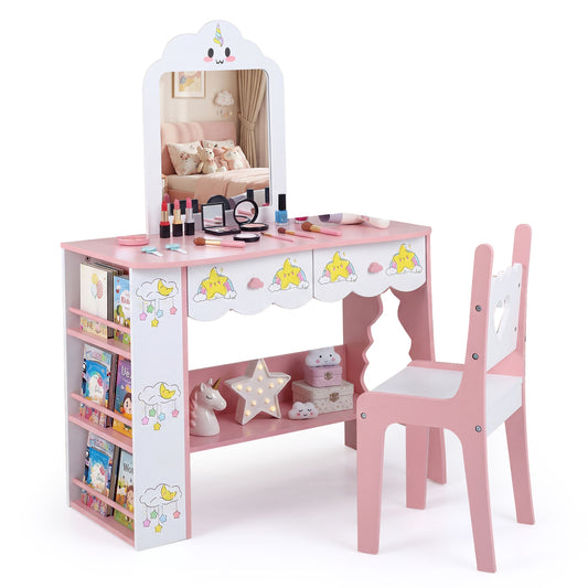 Kids Vanity Set Princess Girls Makeup Table with Mirror and Chair-White