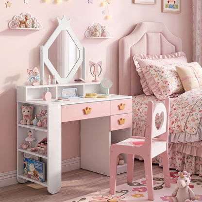Kids Vanity Set with Crown Mirror & Chair for Girls-White