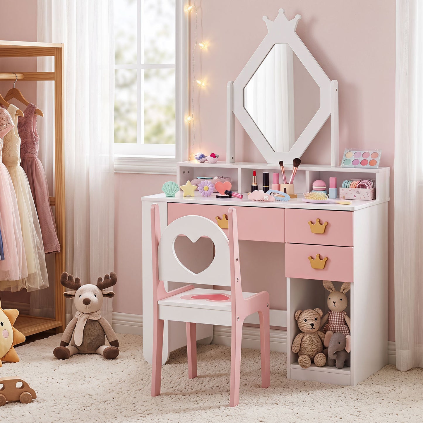 Kids Vanity Set with Crown Mirror & Chair for Girls-White