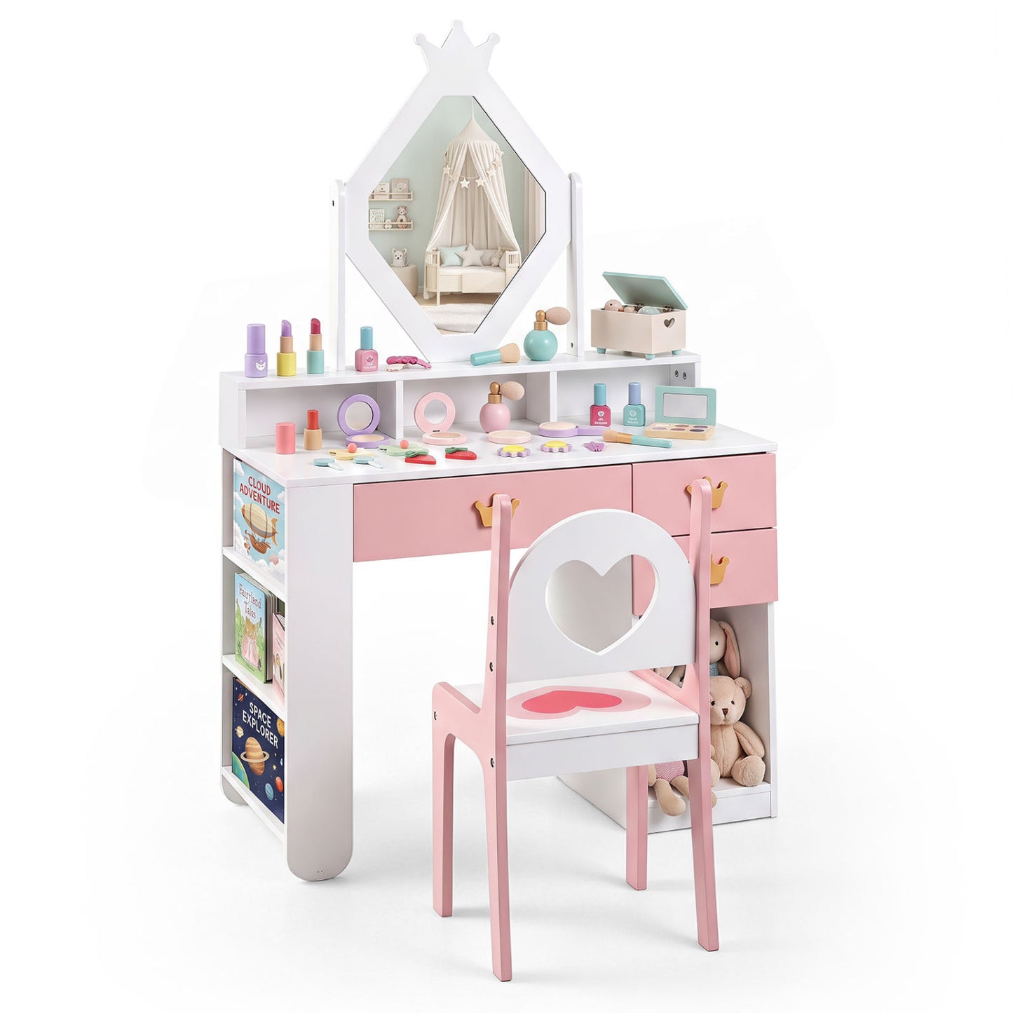 Kids Vanity Set with Crown Mirror & Chair for Girls-White