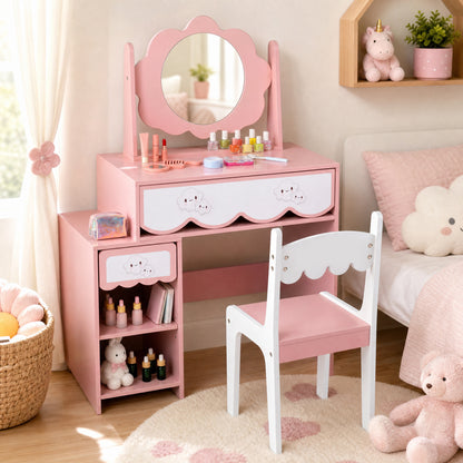 Kids Vanity Set with 360° Rotating Mirror & Chair for Girls-Pink