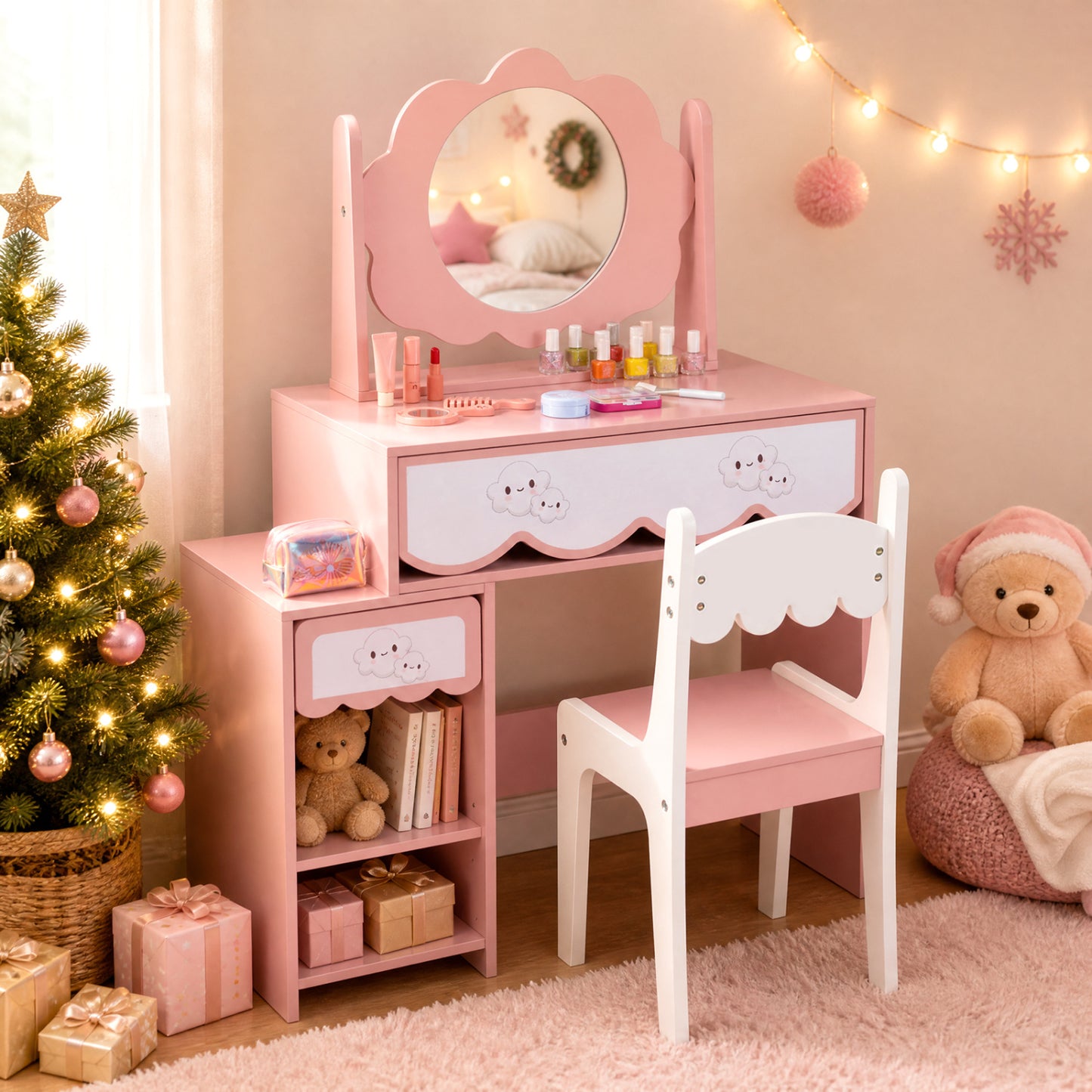 Kids Vanity Set with 360° Rotating Mirror & Chair for Girls-Pink