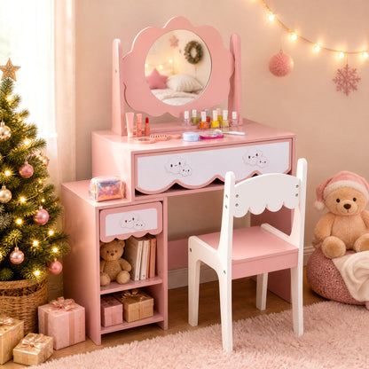 Kids Vanity Set with 360° Rotating Mirror & Chair for Girls-Pink