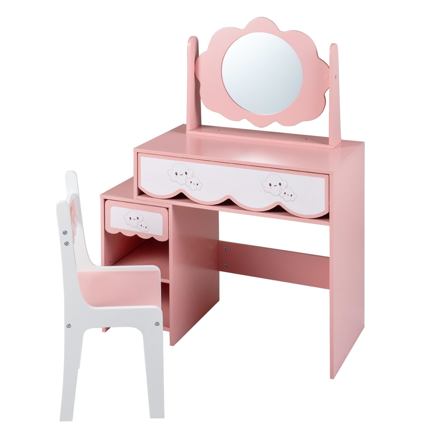 Kids Vanity Set with 360° Rotating Mirror & Chair for Girls-Pink