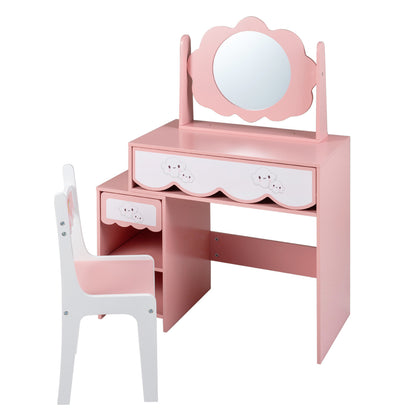 Kids Vanity Set with 360° Rotating Mirror & Chair for Girls-Pink