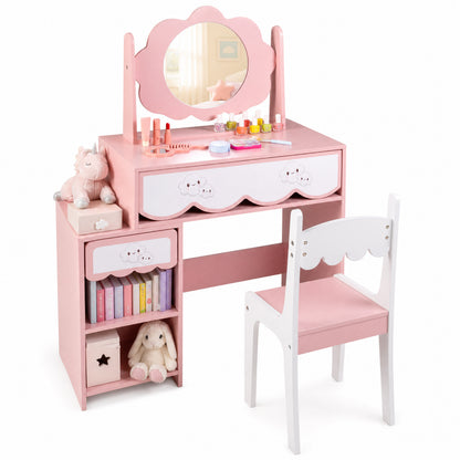 Kids Vanity Set with 360° Rotating Mirror & Chair for Girls-Pink
