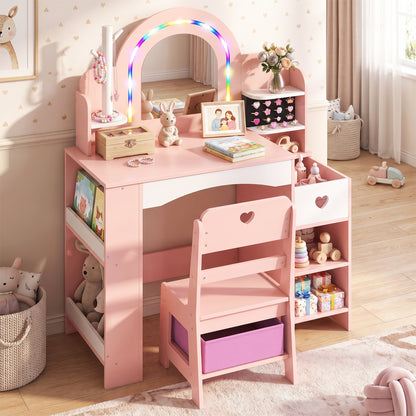 Kids Vanity Set with Colorful LED Lights and Jewelry Stand for Toddlers-Pink