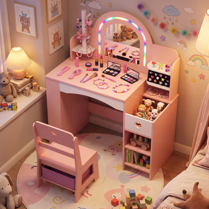 Kids Vanity Set with Colorful LED Lights and Jewelry Stand for Toddlers-Pink