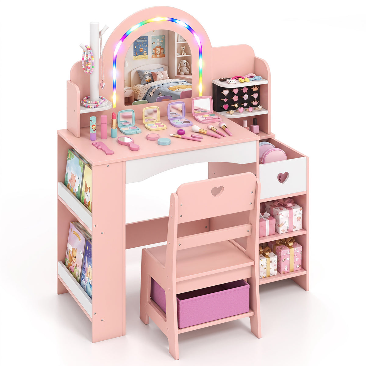 Kids Vanity Set with Colorful LED Lights and Jewelry Stand for Toddlers-Pink