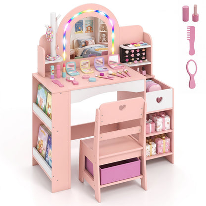 Kids Vanity Set with Colorful LED Lights and Jewelry Stand for Toddlers-Pink