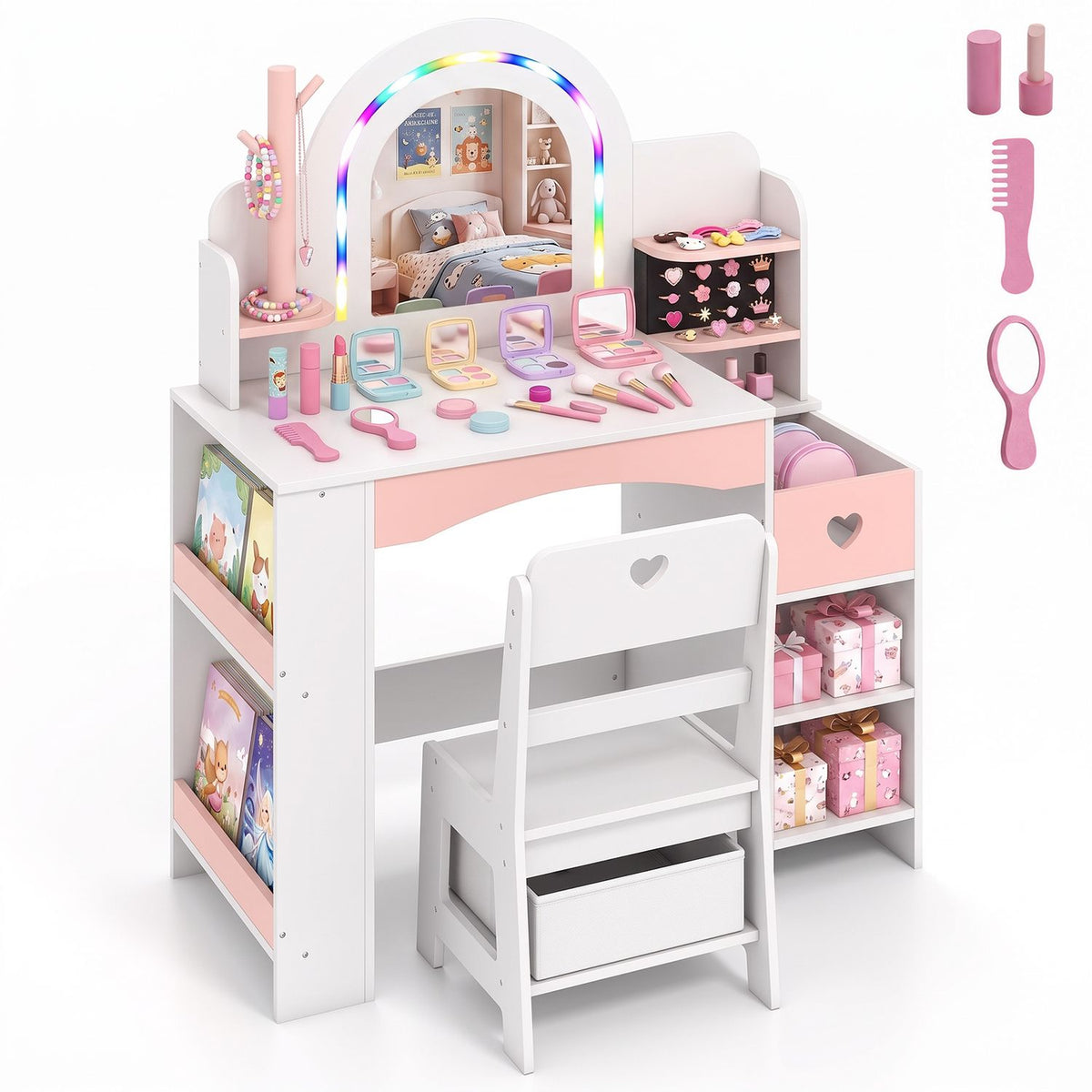 Kids Vanity Set with Colorful LED Lights and Jewelry Stand for Toddlers-Pink
