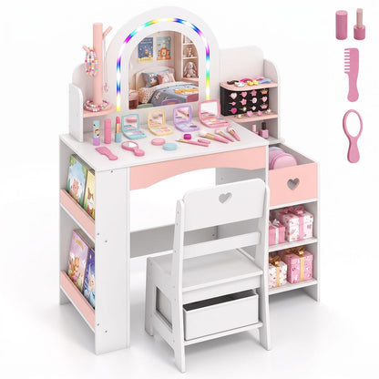 Kids Vanity Set with Colorful LED Lights and Jewelry Stand for Toddlers-Pink