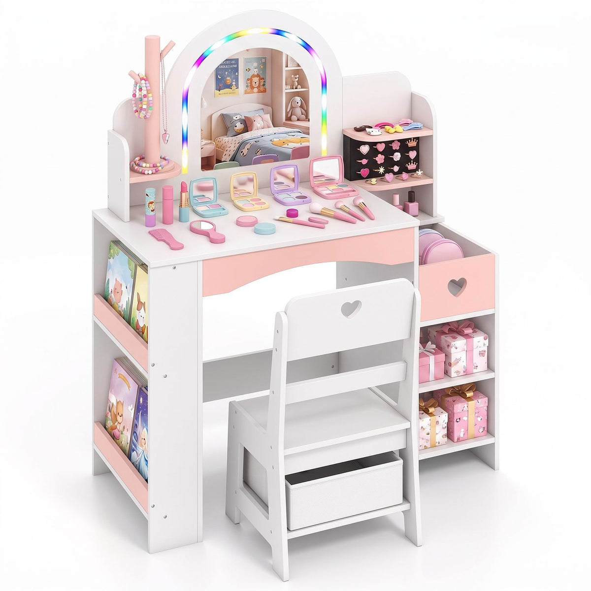 Kids Vanity Set with Colorful LED Lights and Jewelry Stand for Toddlers-Pink