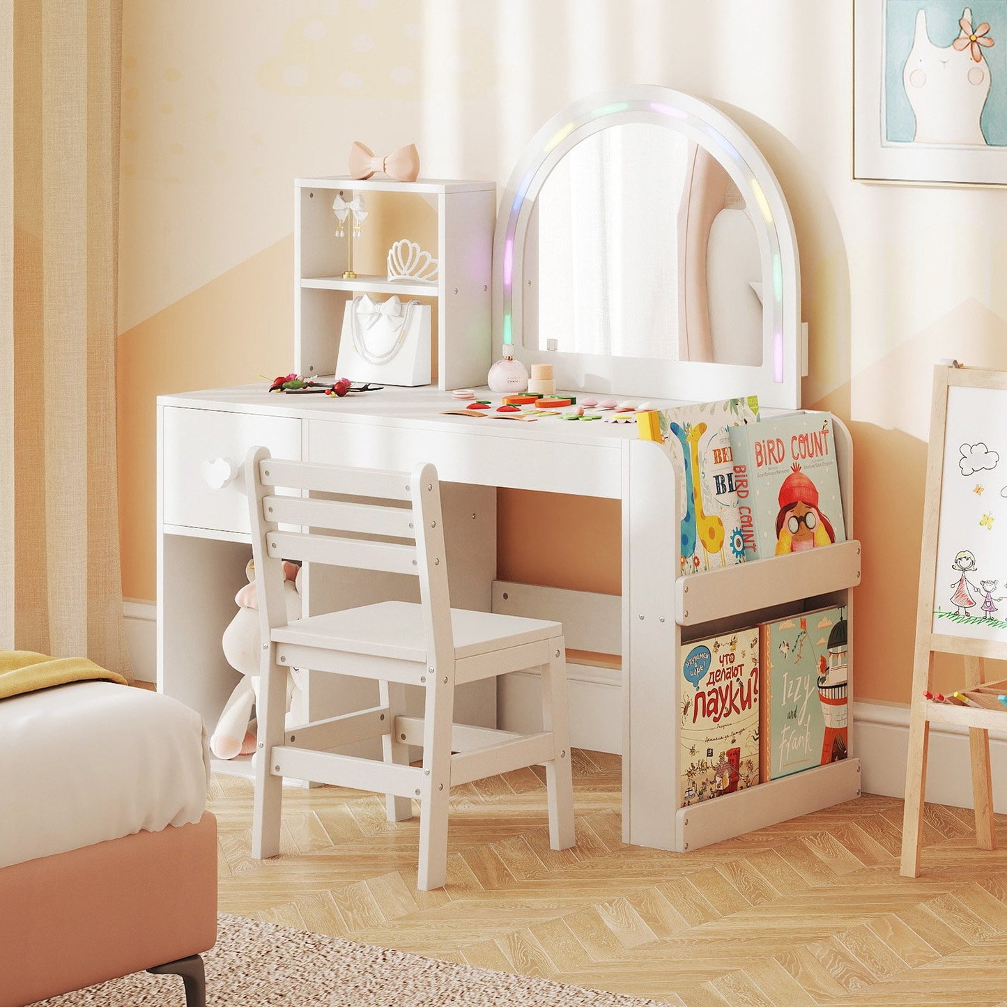 Kids Vanity Table and Chair Set with Lighted Mirror for Kids Aged 3+ Years Old-Pink