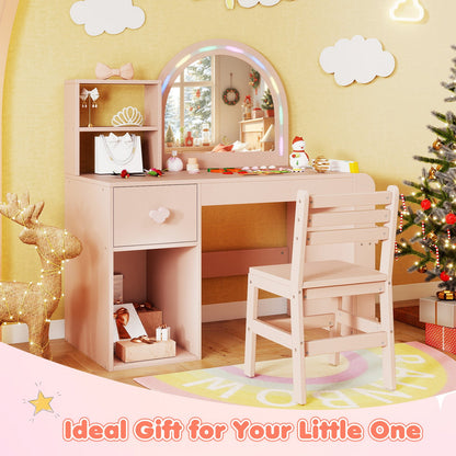 Kids Vanity Table and Chair Set with Lighted Mirror for Kids Aged 3+ Years Old-Pink