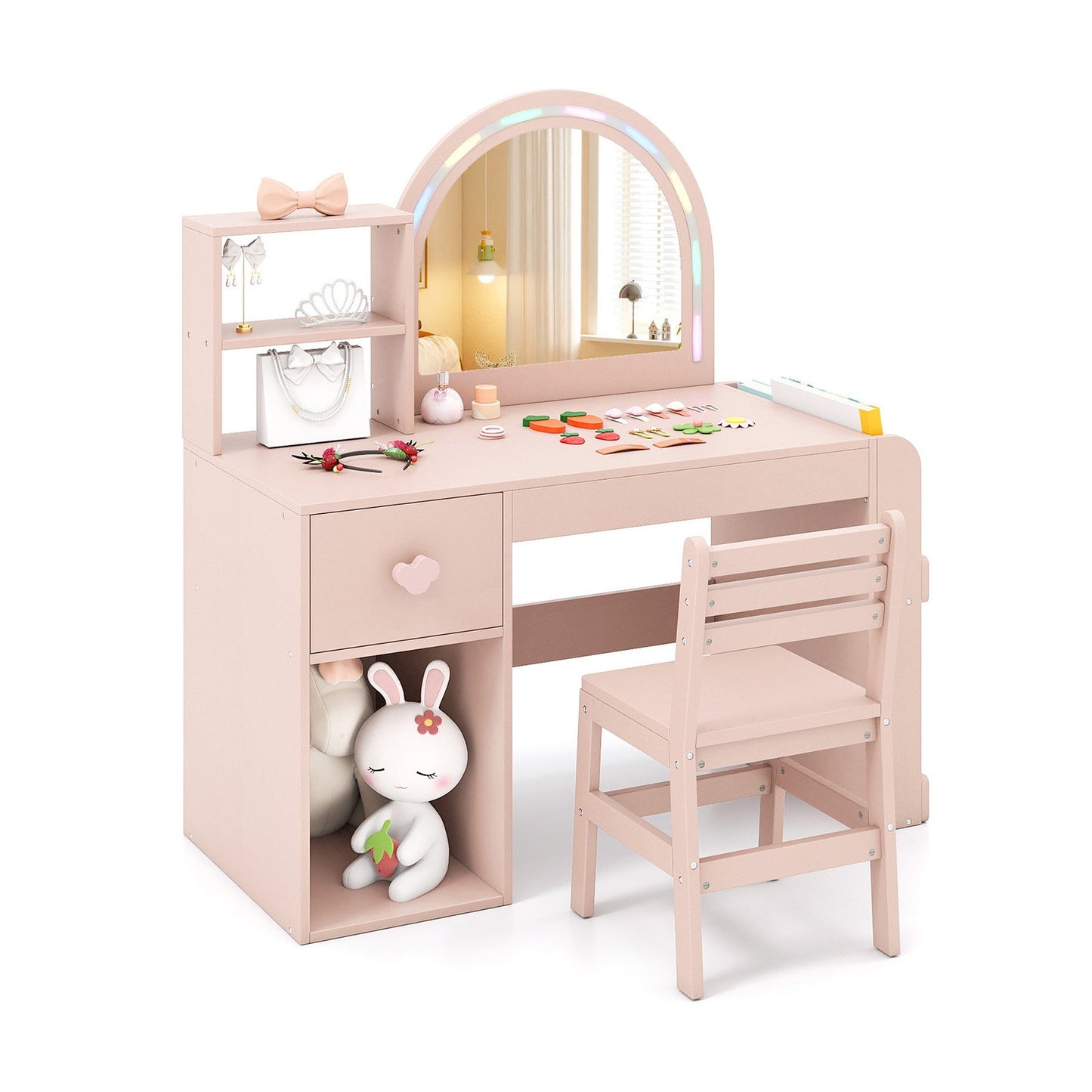 Kids Vanity Table and Chair Set with Lighted Mirror for Kids Aged 3+ Years Old-Pink