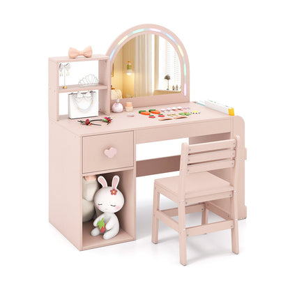 Kids Vanity Table and Chair Set with Lighted Mirror for Kids Aged 3+ Years Old-Pink
