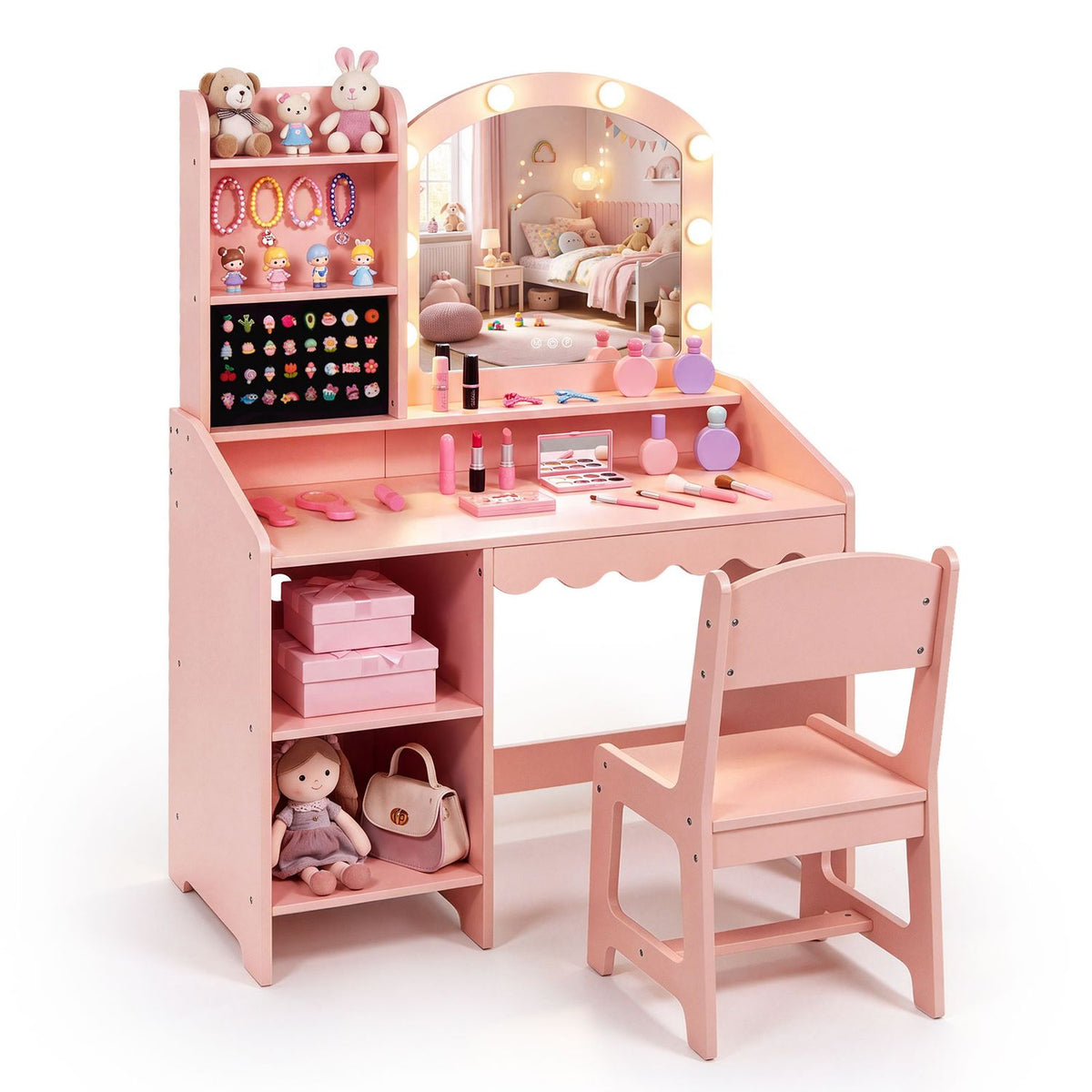 Kids Vanity Table and Chair Set with 8 LED Bulbs and Ring Slots and Mirror-Pink