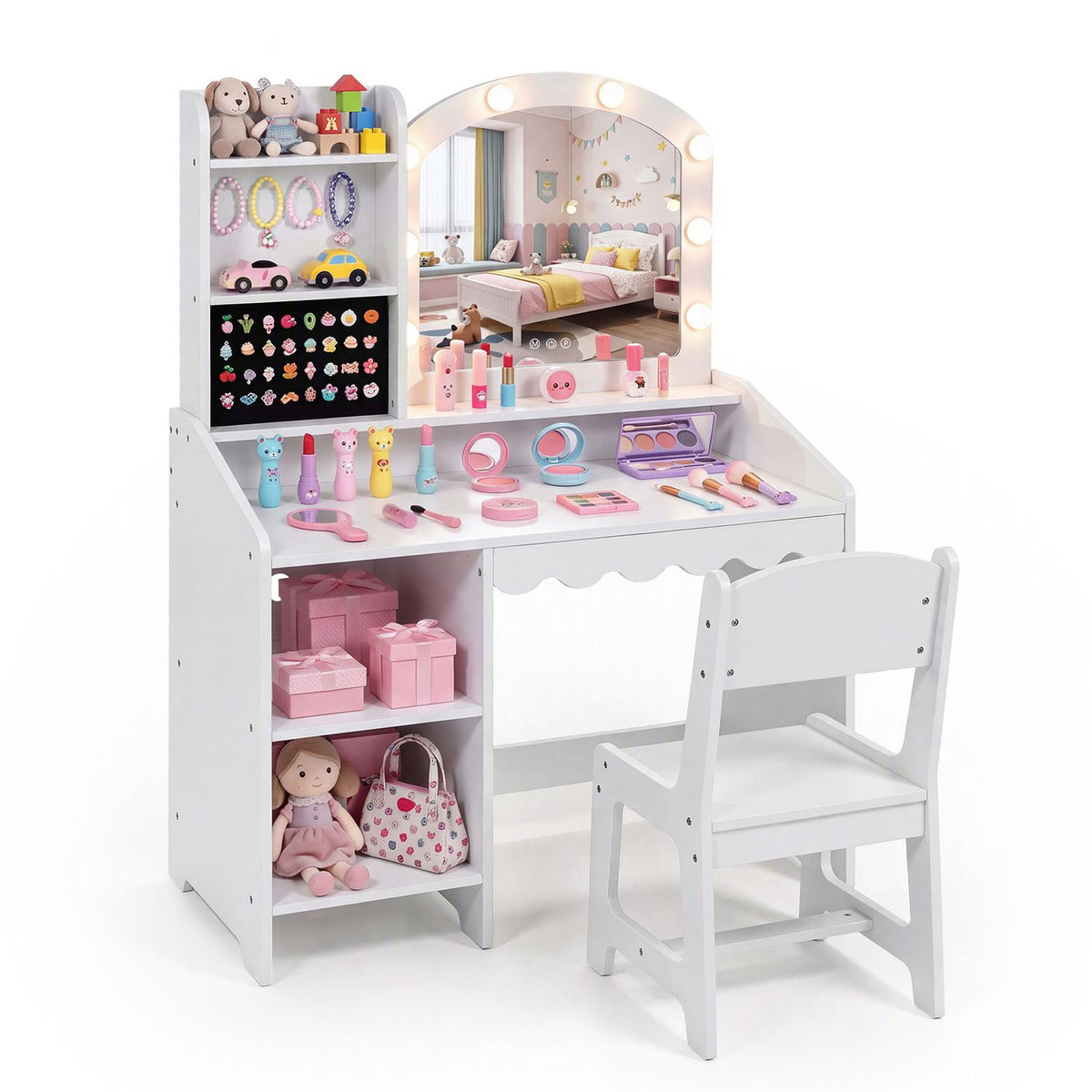Kids Vanity Table and Chair Set with 8 LED Bulbs and Ring Slots and Mirror-Pink