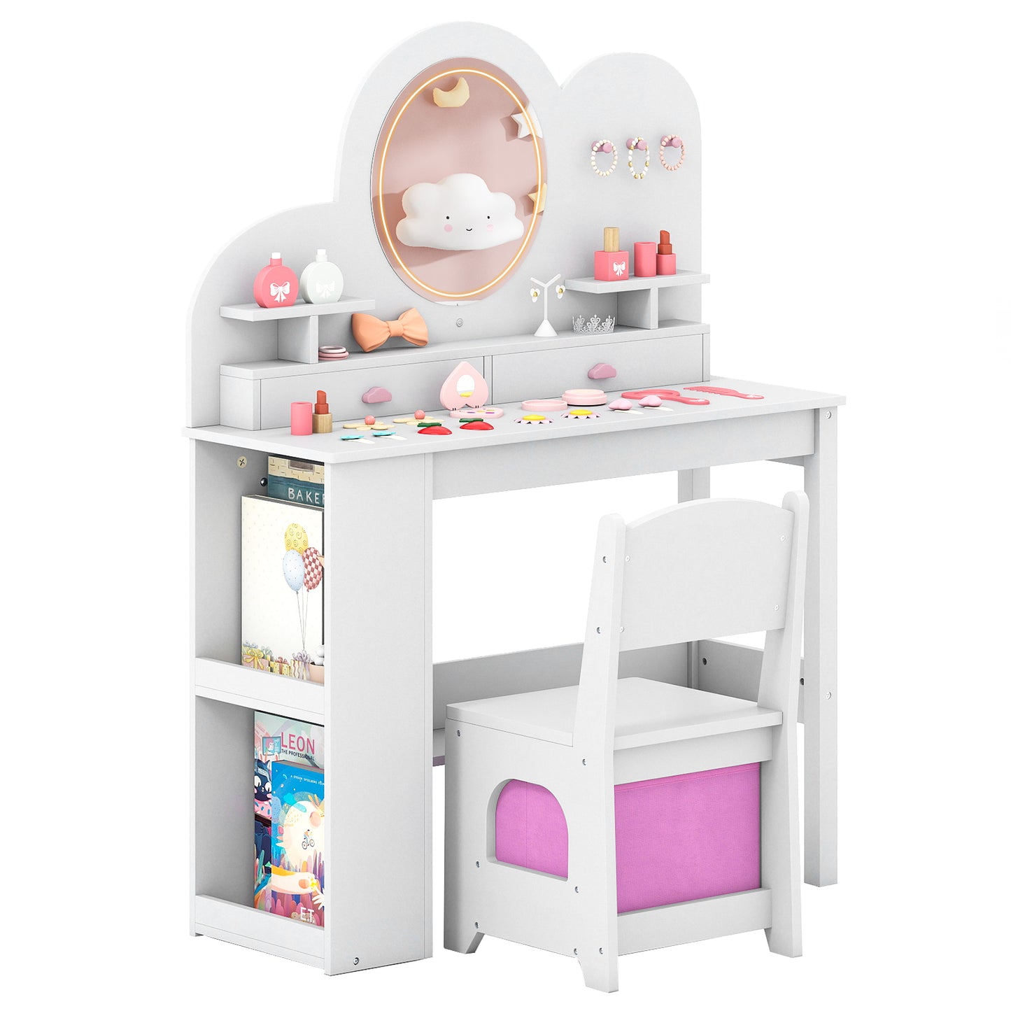 Kids Vanity with Lights Princess Vanity Table and Chair Set with 2 Drawers and 2-Tier Bookshelf-Pink