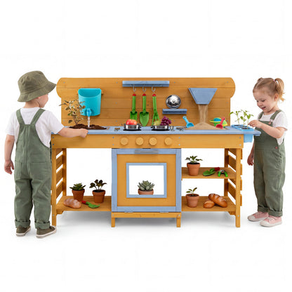 Kids wooden mud kitchen with two sinks and four stoves, natural finish, perfect pretend play toy for children.