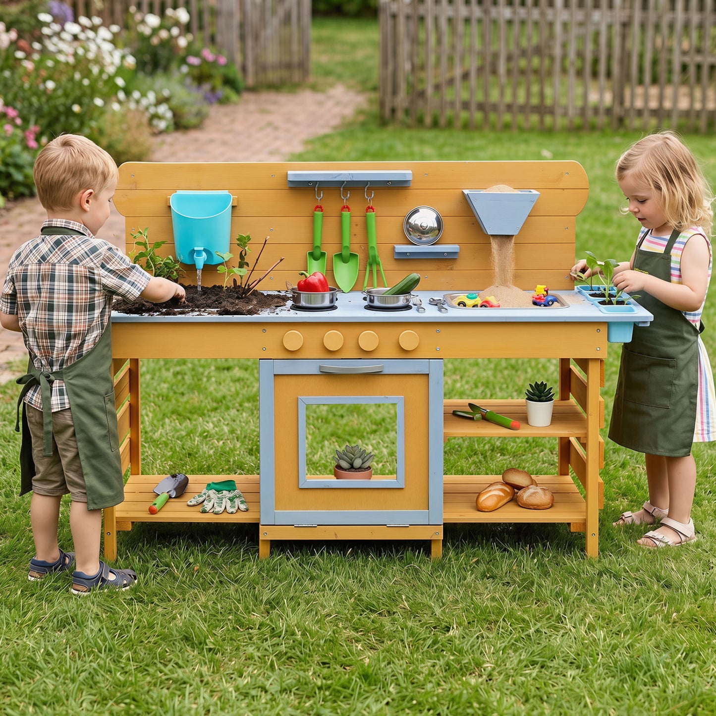 Kids wooden mud kitchen with two sinks and four stoves, natural finish, pretend play toy for kids, by Wilsons Home Store.