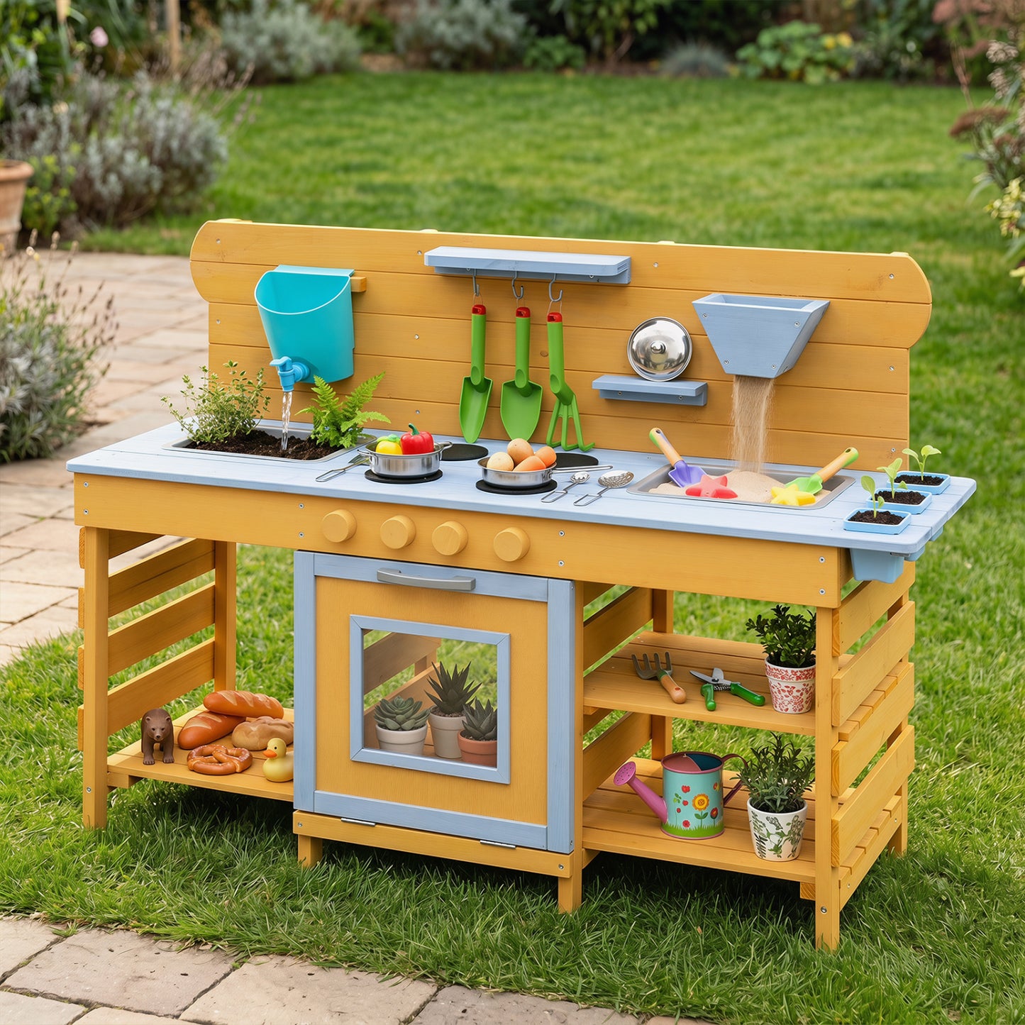 Kids wooden mud kitchen with 2 sinks and 4 stoves, natural finish, pretend play toy for kids, durable wooden play kitchen set.