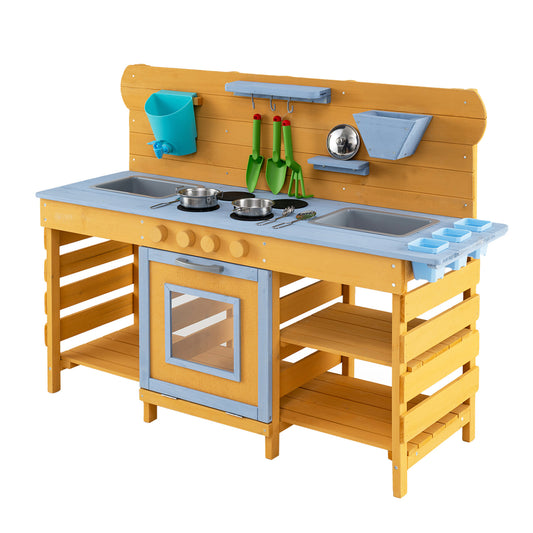 Kids wooden mud kitchen with two sinks and four stoves, natural finish, pretend play kitchen toy for children.